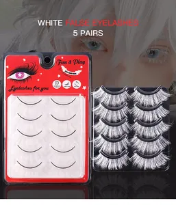 Detailed view of 5 pairs of white synthetic eyelashes for festive makeup and cosplay