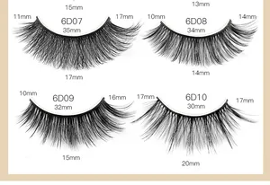 Detailed size chart for 3D synthetic fiber eyelashes showing lengths from 10mm to 17mm