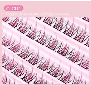 Close-up of C curl pink and black mixed colored individual cluster eyelash extensions