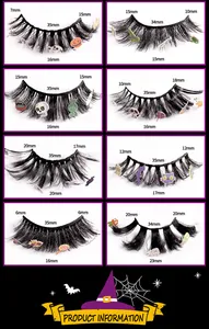 Detailed size chart for 8 Halloween false eyelashes with ghost and pumpkin decorations