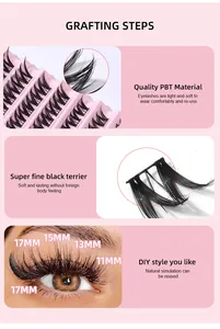 Détail de kit d'extension de cils DIY montrant les longueurs 11-17mm et les étapes de pose