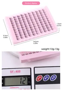 Detail view of colored eyelash extensions on a pink tray with precise product dimensions