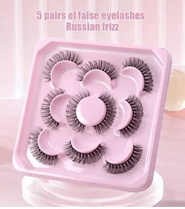 Detailed view of 5 pairs Russian DD curl false eyelashes in pink packaging tray