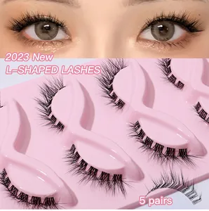 Macro view of 5 pairs L-shaped false eyelashes with natural curl for daily makeup look