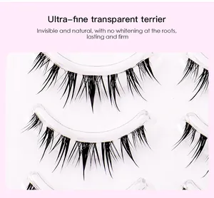 Vue macro de faux cils manga naturels avec bande transparente ultra-fine sur plateau