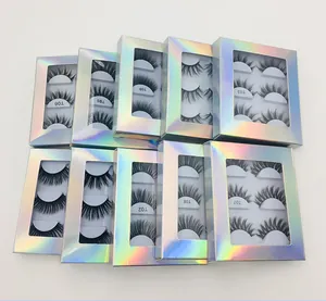 Macro shot of various false eyelash styles in holographic boxes from T02 to T09 models