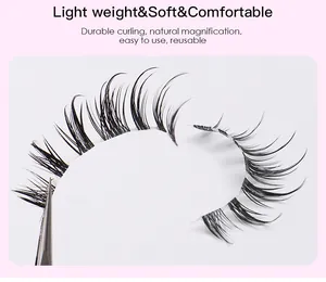 Détail macro de 5 paires de faux cils manga avec une pince à épiler rose pour le design
