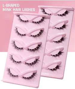 Detail of 10 pairs of L-shaped mink hair false eyelashes with natural volume on pink trays