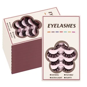 Set of 7 pairs fluffy 3D colored false eyelashes in a pink flower window gift box