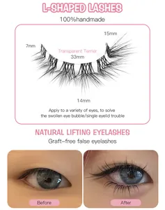Detailed view of L-shaped false eyelashes with length measurements and before-after effect