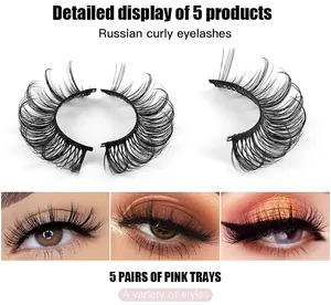 Detail of 5 pairs of Russian curly eyelashes in pink tray with eye makeup effect shots