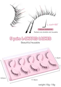 L-curl false eyelashes set with 5 pairs featuring clear bands and dimension details