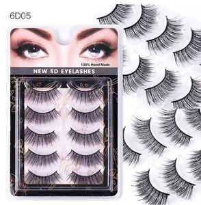 Detailed view of 5 pairs of 6D handmade synthetic fiber eyelashes in professional box