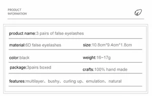 Detailed size and weight chart for 3 pairs of 6D handmade faux mink eyelashes set