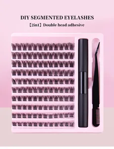 DIY cluster lash extension kit with 10 rows of lashes, dual adhesive, and tweezers