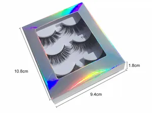 Detailed view of the 10.8cm x 9.4cm x 1.8cm holographic box for faux mink eyelashes