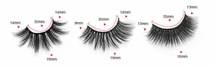 Detailed size map of 3D faux mink eyelashes showing lengths from 9mm to 19mm and 35mm band