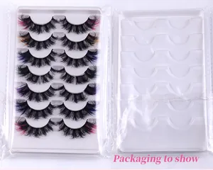 Detail view of 7-pair colorful faux mink eyelashes set with packaging display