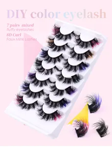 Detail of 7 pairs multi-colored 8D curl faux mink lashes with vibrant color tips