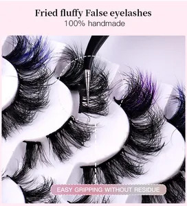 Macro shot of colorful fluffy false eyelashes with applicator tweezers 100% handmade lashes