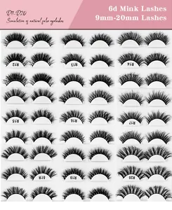Detailed grid view showing 6D faux mink lashes in various lengths from 9mm to 20mm