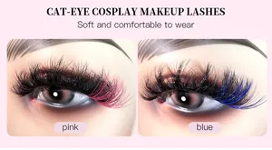 Detailed close-up of pink and blue faux mink cat-eye lashes with colored outer corners