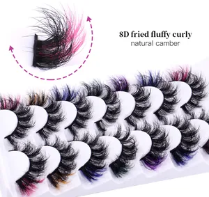 Detailed view of 8D fluffy curly eyelashes with colorful fiber tips in 7 pairs set