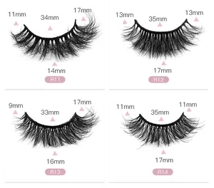 Size chart showing lengths and widths for R11 to R14 6D fluffy faux mink eyelashes
