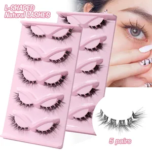 Five pairs of L-shaped natural comic-style false eyelashes with clear bands for women