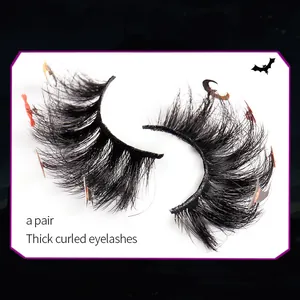 Thick curled faux mink eyelashes with orange and black bat decors for Halloween