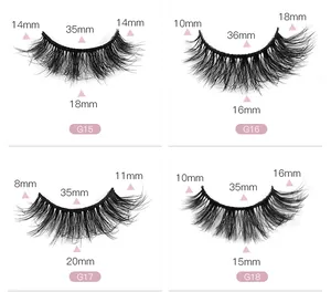 Size chart showing 6D fluffy false eyelashes specifications for styles G15 to G18