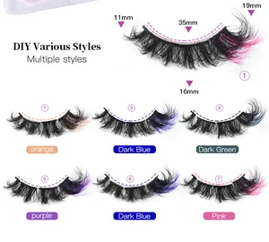 DIY colorful faux mink lash kit showing 11mm to 19mm lengths and segmented fiber details