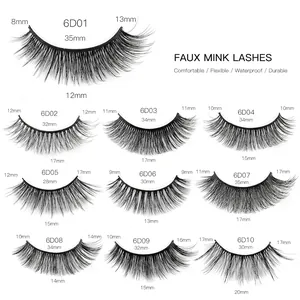 Size chart showing 10 styles of 6D fiber false eyelashes with precise length measurements
