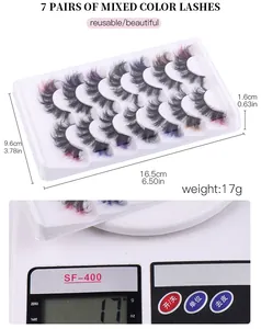 7 pairs of colored faux mink eyelashes showing precise dimensions and lightweight measurement