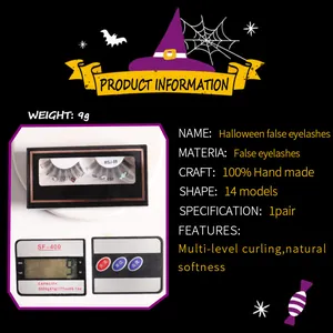 Handmade Halloween false eyelashes with pumpkin and skull charms on a natural curly band