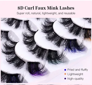 Detail of 8D curl faux mink lashes with vibrant blue and purple ombre colored tips
