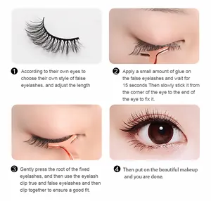 Four-step guide for applying thick faux mink eyelashes with rose gold applicator tool