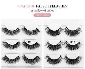 Macro detail of R11 and R12 3D fluffy mink false eyelashes in a set of 3 pairs
