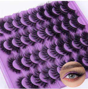 Macro shot of 20 pairs of dense curly false eyelashes in purple tray with eye effect inset