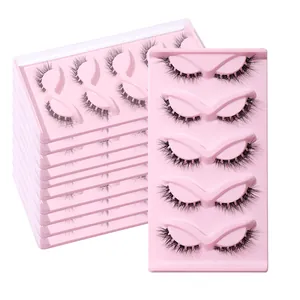 5 pairs of natural L-curl manga false eyelashes with transparent bands on pink tray