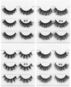 Detailed view of R13 to R16 multi-layered 6D fluffy mink-style eyelashes in 3-pair sets