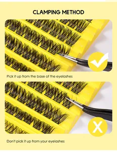 Macro view showing correct clamping method for individual cluster lashes with tweezers