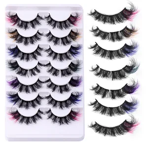 Detailed close-up of 7 pairs of colorful faux mink eyelashes with gradient fiber tips