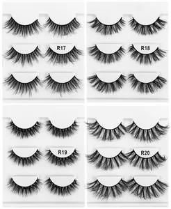 Detail view of 6D fluffy faux mink eyelashes in four styles R17, R18, R19 and R20