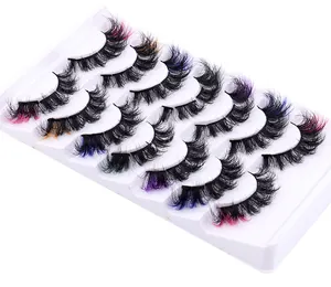 Macro detail of multi-layered colorful faux mink eyelashes in pink blue and purple