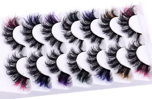 Macro detail of 7 pairs multi-color faux mink false eyelashes in a white display tray