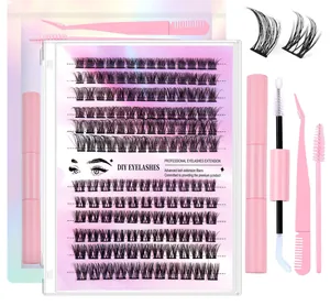 Kit d'extension de cils DIY avec cils segmentés, pince rose et outils de pose en pochette