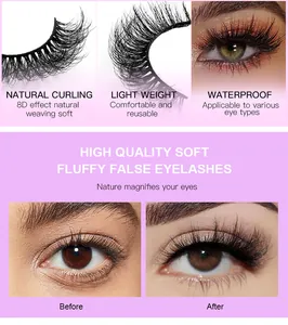 Detail view of 8D faux mink eyelashes showing before and after natural volume effect