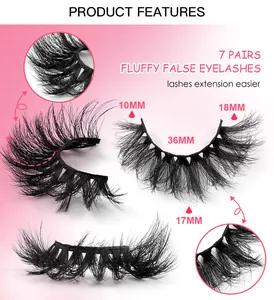7-pair pack of fluffy faux mink eyelashes with 10mm to 36mm length detail display
