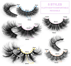 Detailed size specifications for 5 styles of fluffy faux mink false eyelashes set